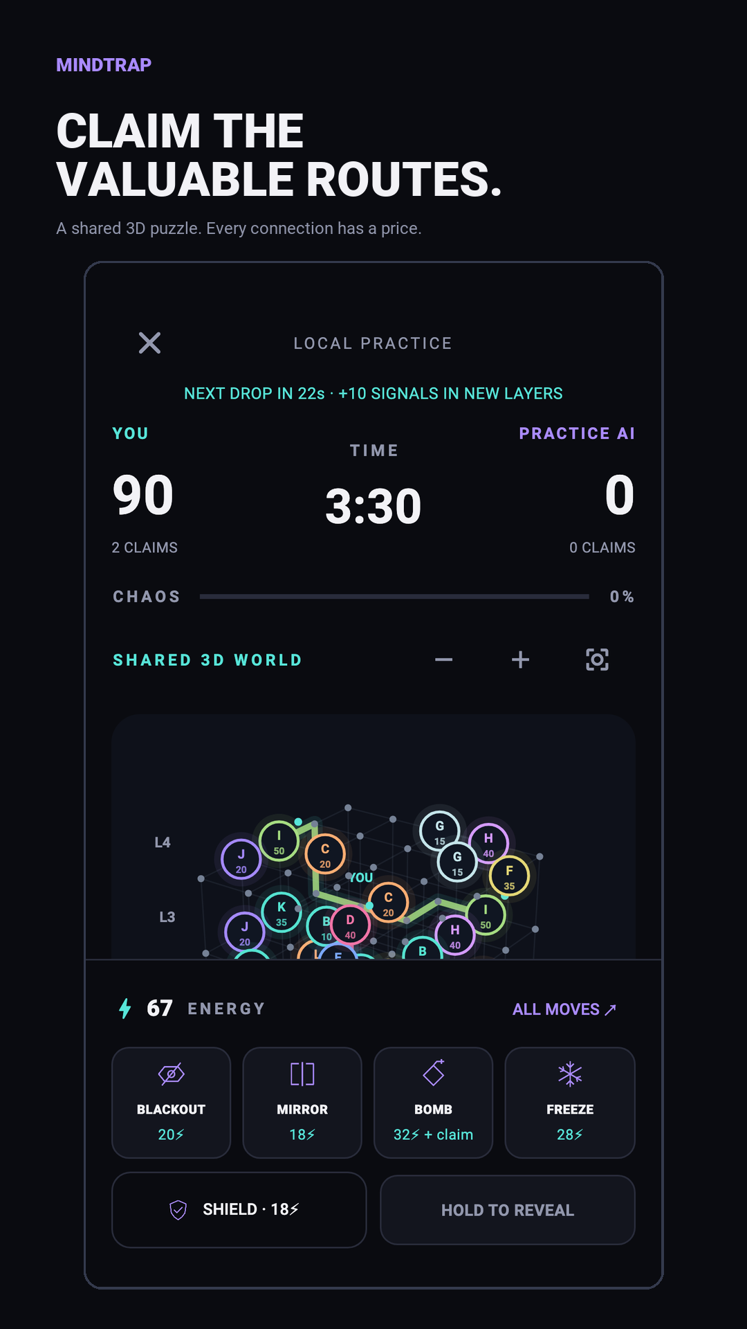 Actual MINDTRAP local-practice screen showing the shared connection puzzle