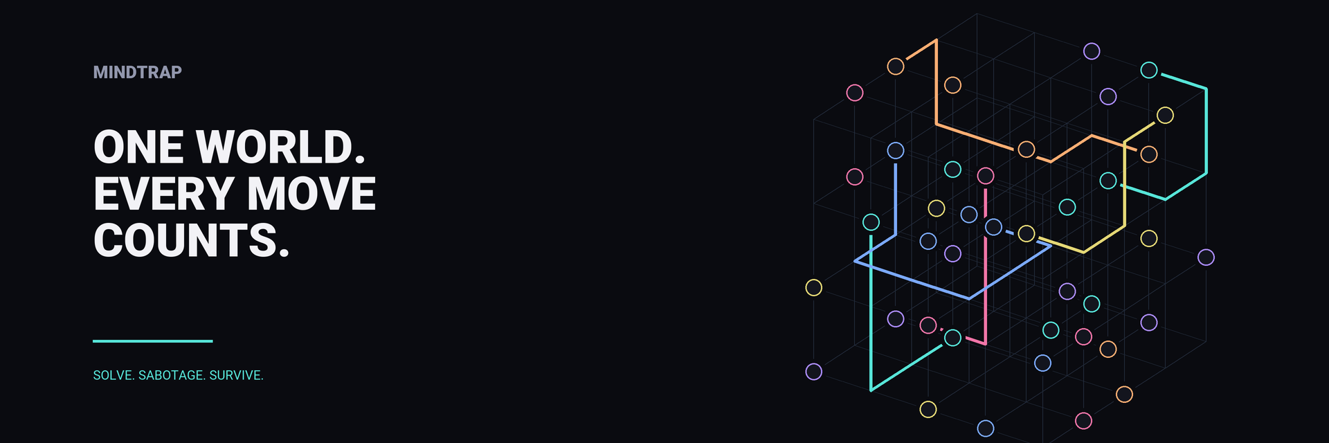 MINDTRAP artwork showing a three-dimensional lattice of coloured routes