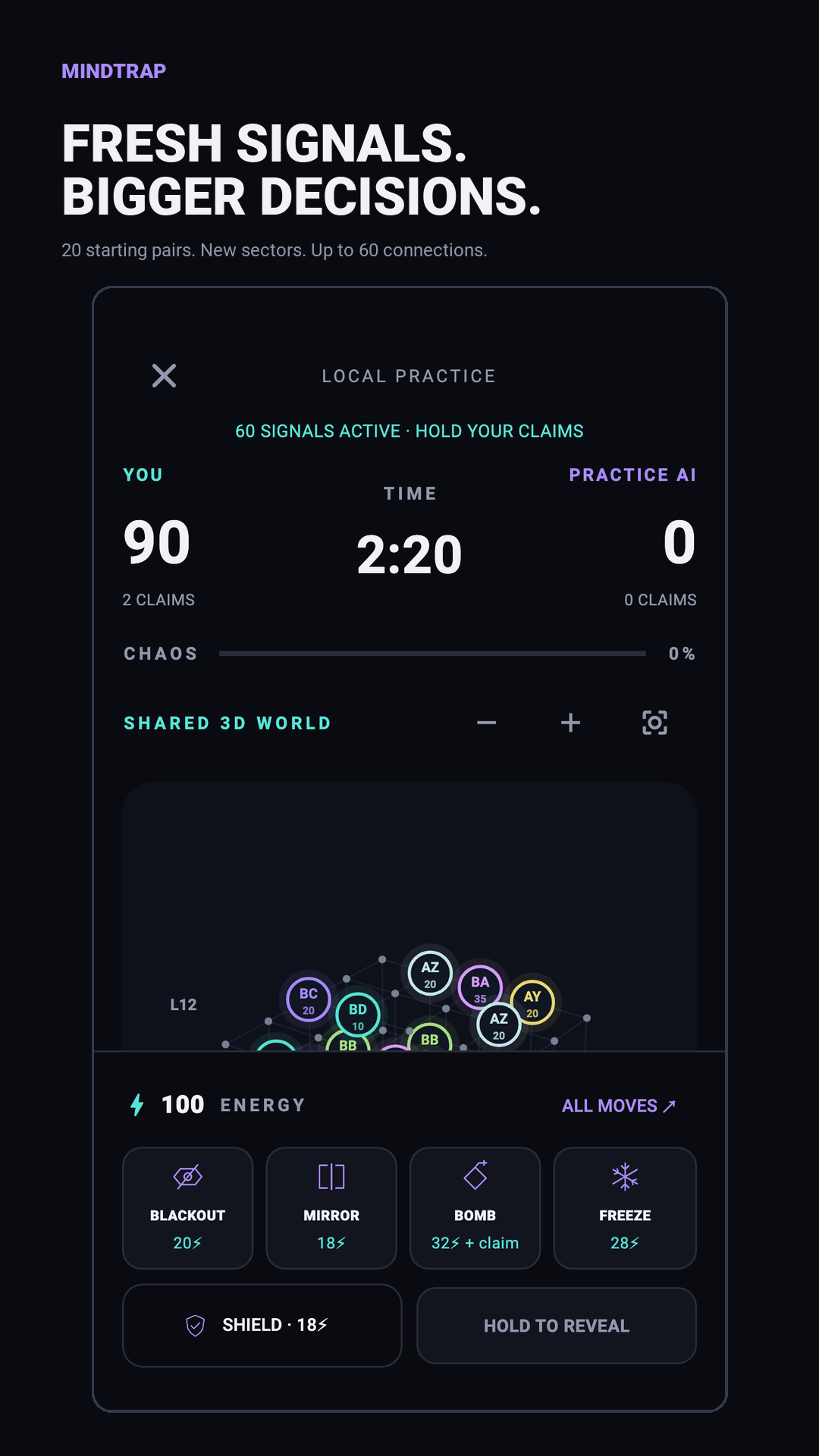 Actual MINDTRAP local-practice screen with an expanded three-dimensional board