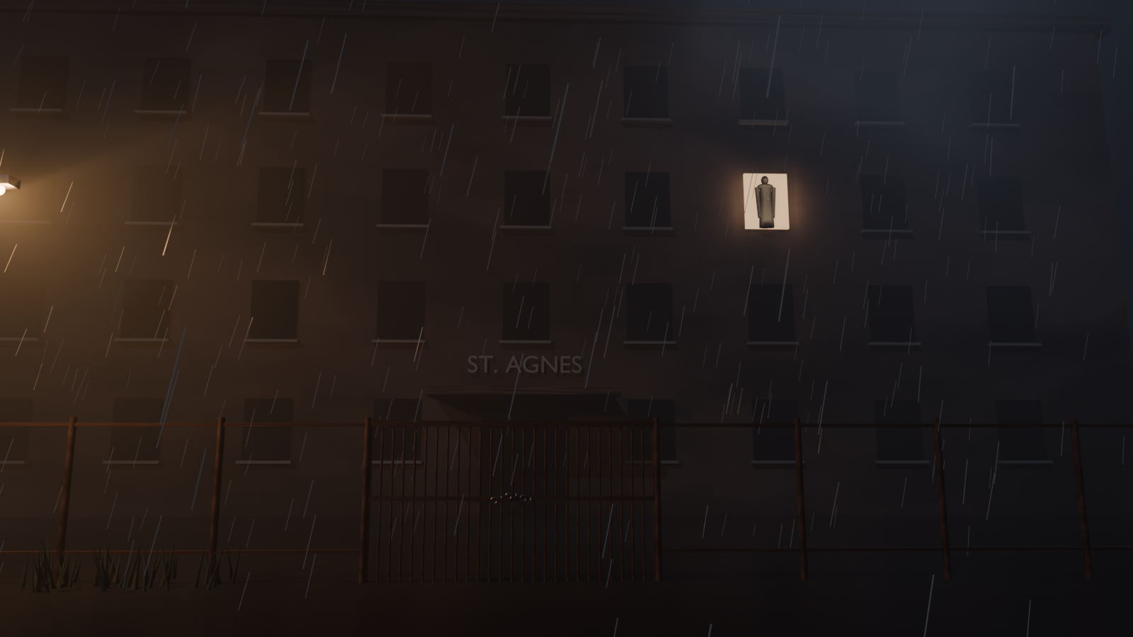 Authored scene artwork of St. Agnes Hospital at night in the rain