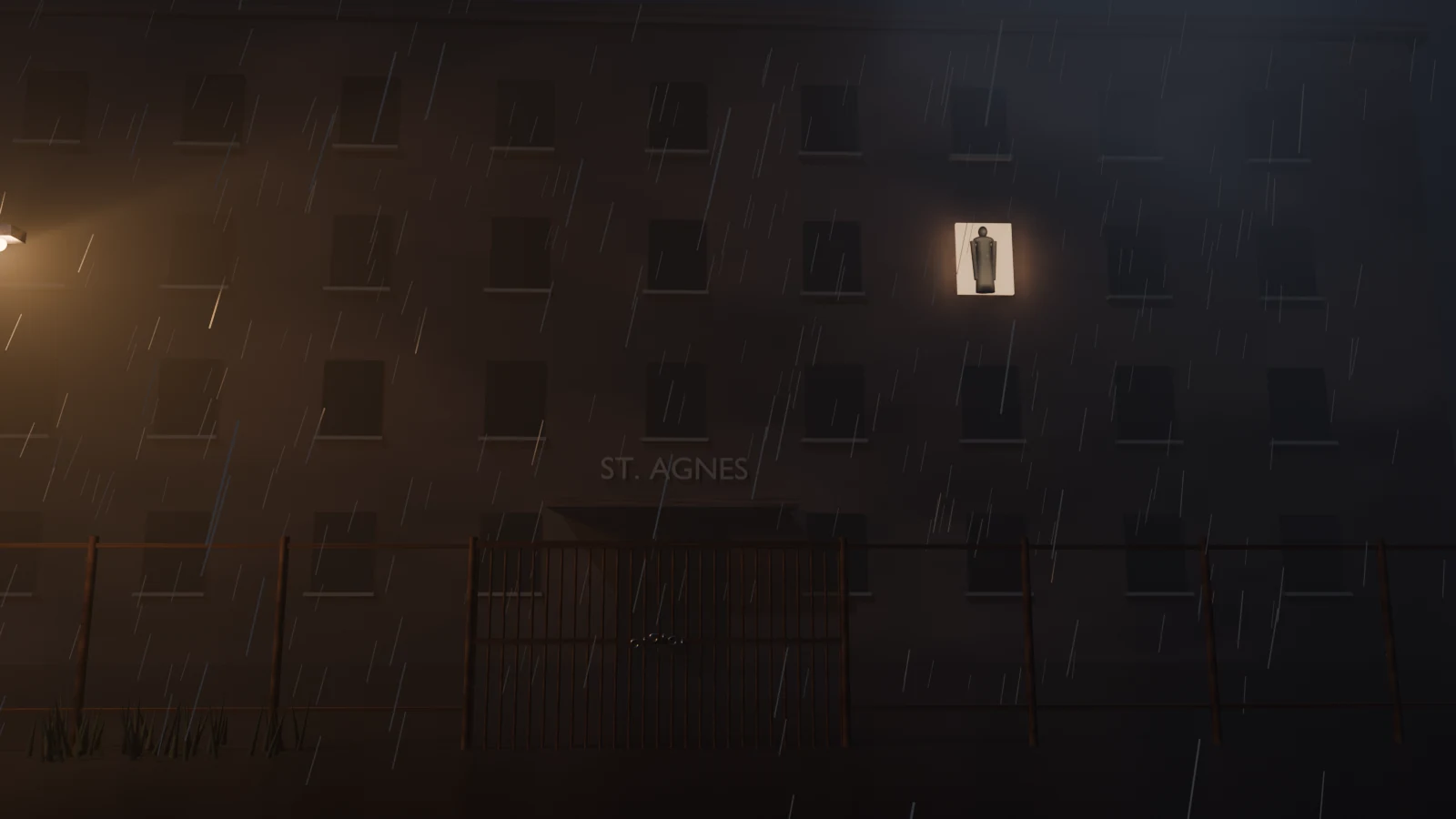Authored scene artwork of St. Agnes Hospital at night in the rain