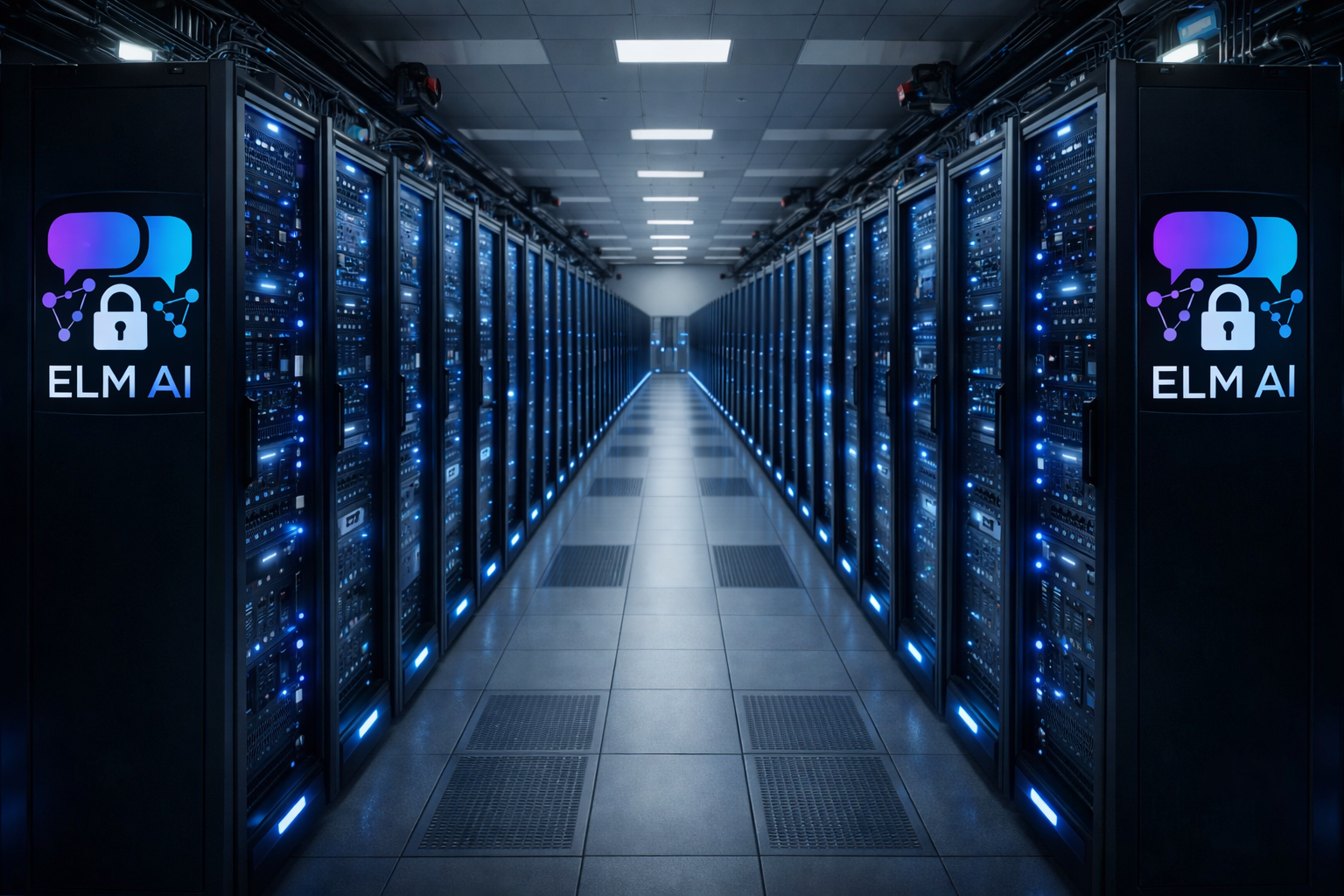 ELM AI datacentre with server racks and blue lighting