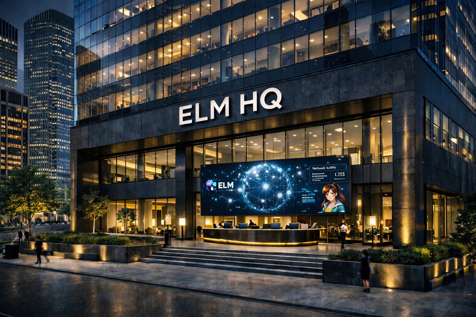 ELM HQ building with visible reception and digital ecosystem screen